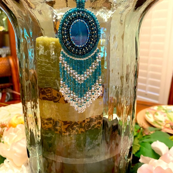 Hand beaded cabachon with fringe - Picture 2 of 6